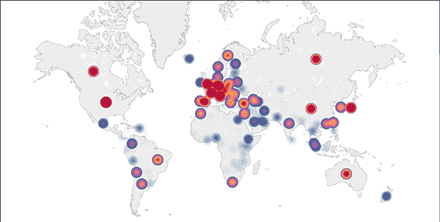 Heat map of Pitt collaborations world-wide, as measured by co-authored publications. Colors trend from blue to red to indicate more collaborations